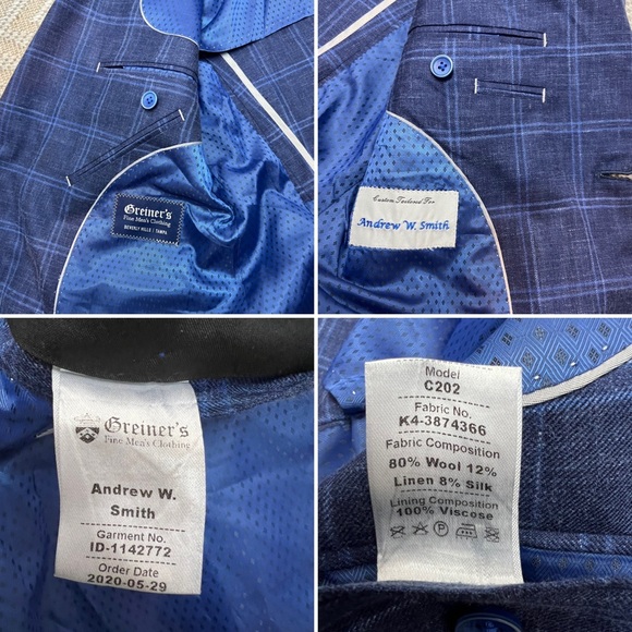 Greiner's Custom Wool/Silk/Linen Blend Blue Windowpane Plaid Blazer Jacket 38S - Picture 8 of 9